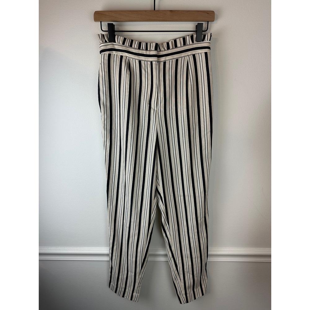 EXPRESS High-Rise Ruffle Stripe Ankle Pants Black Cream Beige Stripe NWT 0R